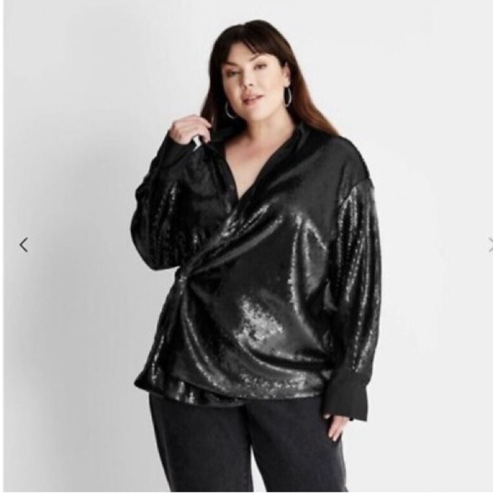 Future Collective- Kahlana Barfield Black Sequin Button Down Shirt